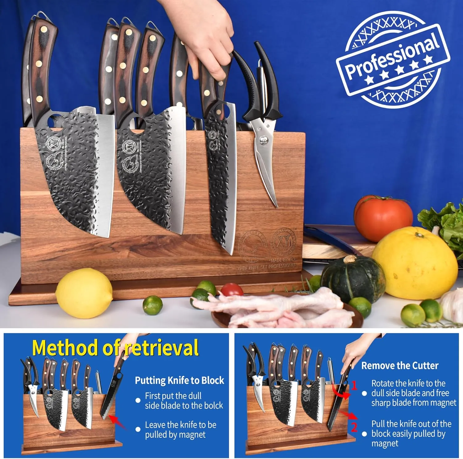 XYJ Extra Large Magnetic Knife Block Acacia Wood Knife Set Holder Stand With Stronge Magnetic Strip Kitchen Knives Storage Rack Organizer Tools No Drilling