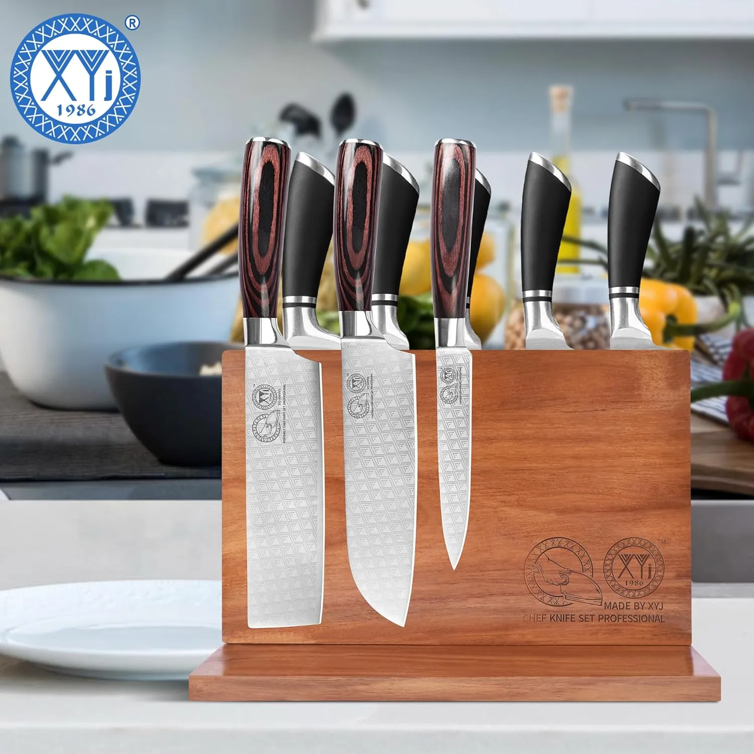 XYJ Magnetic Knife Block Holder Rack Acacia Wood Magnetic Stands with Strong Enhanced Magnets Multifunctional Knife Holder Kitchen Storage Organizer Tool Accessories