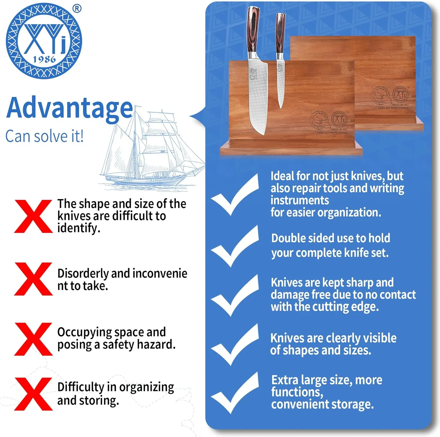 XYJ Magnetic Knife Block Holder Rack Acacia Wood Magnetic Stands with Strong Enhanced Magnets Multifunctional Knife Holder Kitchen Storage Organizer Tool Accessories