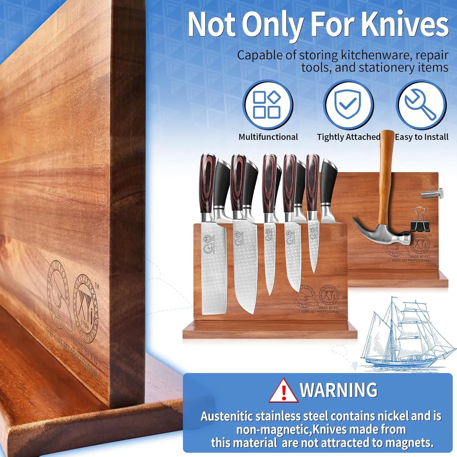 XYJ Magnetic Knife Block Holder Rack Acacia Wood Magnetic Stands with Strong Enhanced Magnets Multifunctional Knife Holder Kitchen Storage Organizer Tool Accessories