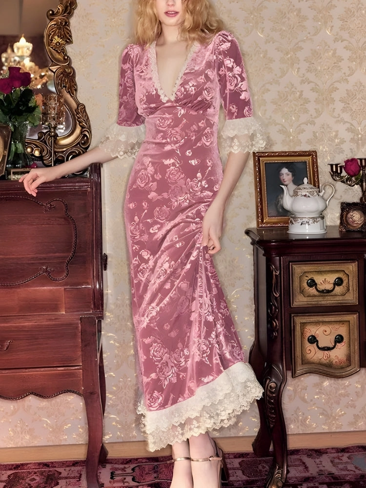 Y2K Vintage Floral Velvet Midi Dress