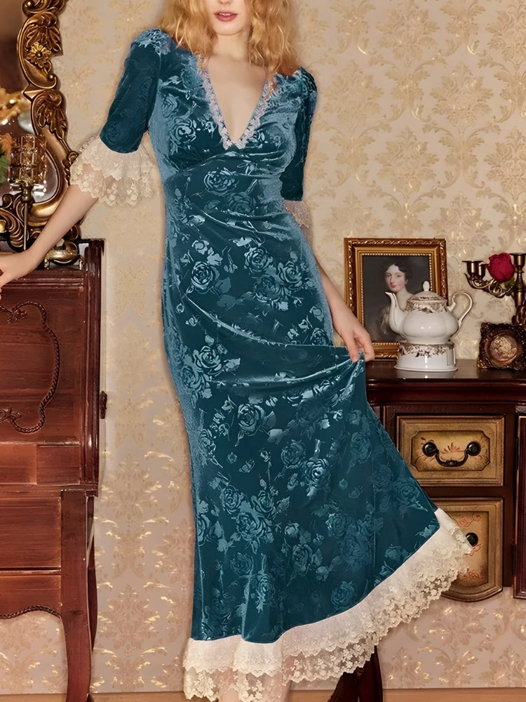 Y2K Vintage Floral Velvet Midi Dress
