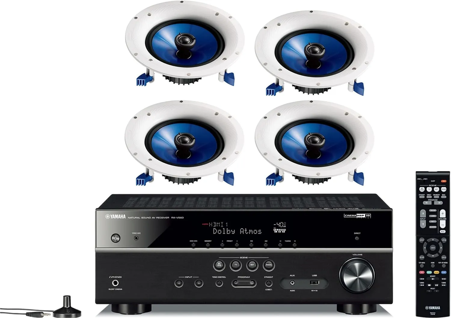 Yamaha 7.2-Channel Wireless Bluetooth 4K Network A/V Wi-Fi Home Theater Receiver   Yamaha High-Performance Moisture Resistant 2-Way 8" 140 watt Surround Sound in-Ceiling Speaker System (Set of 4)