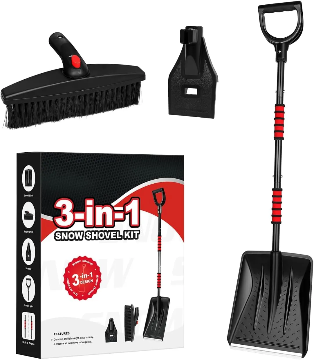 Yardwe Snow Shovel Kit with Detachable Snow Brush Ice Scraper with Ergonomic Eva Grip for Cars Camping Gardens