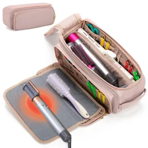 Yarwo Upgraded Hair Tools Travel Bag with Heat Resistant Mat for Straightener, Curling/Flat Iron, Blow Out Brush/Curler, 2 in 1 Hot Hair Styling Tool Organizer with Pockets for Hair Accessories, Pink