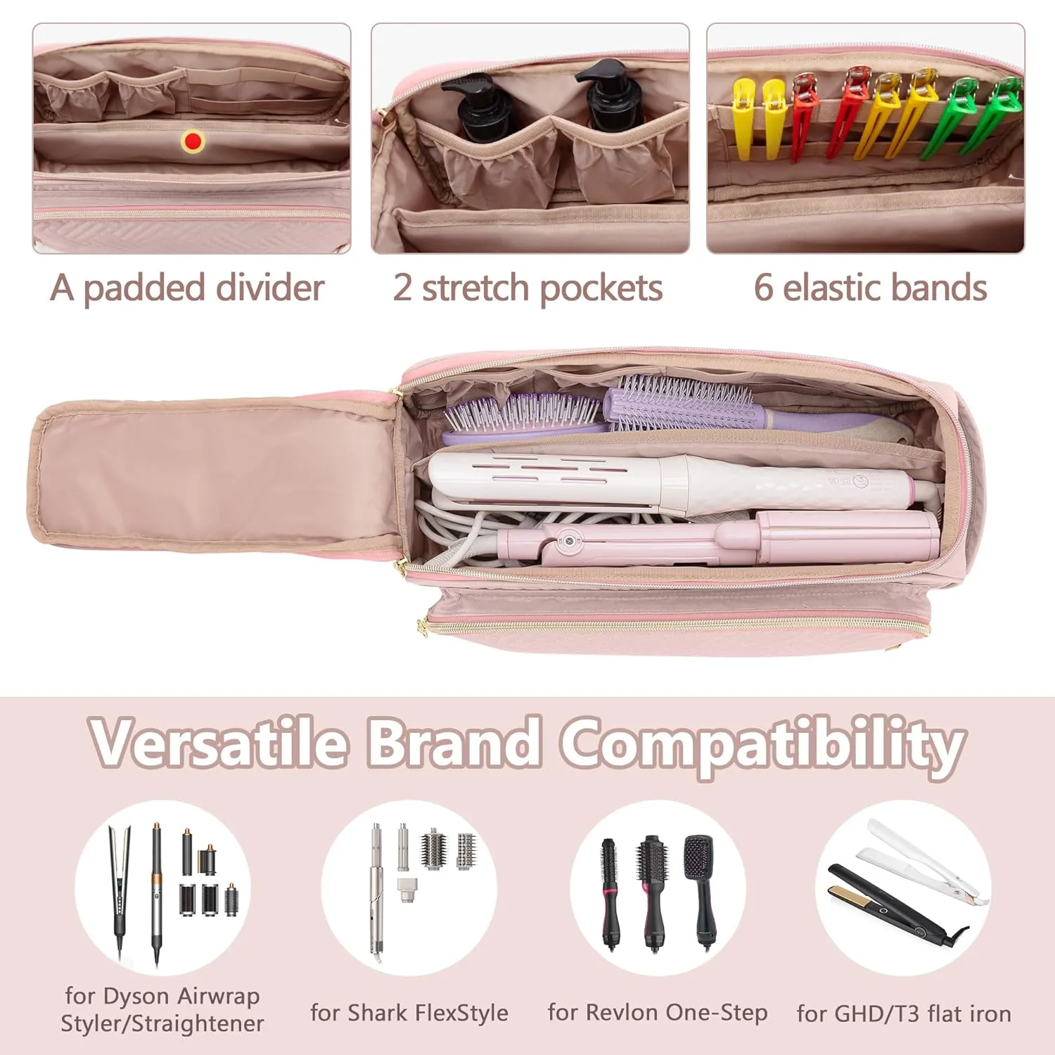 Yarwo Upgraded Hair Tools Travel Bag with Heat Resistant Mat for Straightener, Curling/Flat Iron, Blow Out Brush/Curler, 2 in 1 Hot Hair Styling Tool Organizer with Pockets for Hair Accessories, Pink