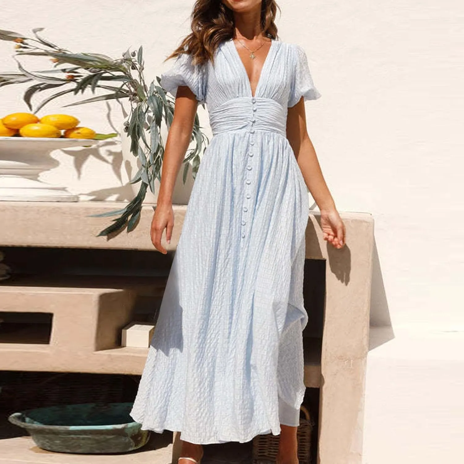 ZDRZK Womens Sundresses Puff Short Sleeve V Neck Empire Waist A-Line Maxi Dresses Decoration Button Casual Summer Dress