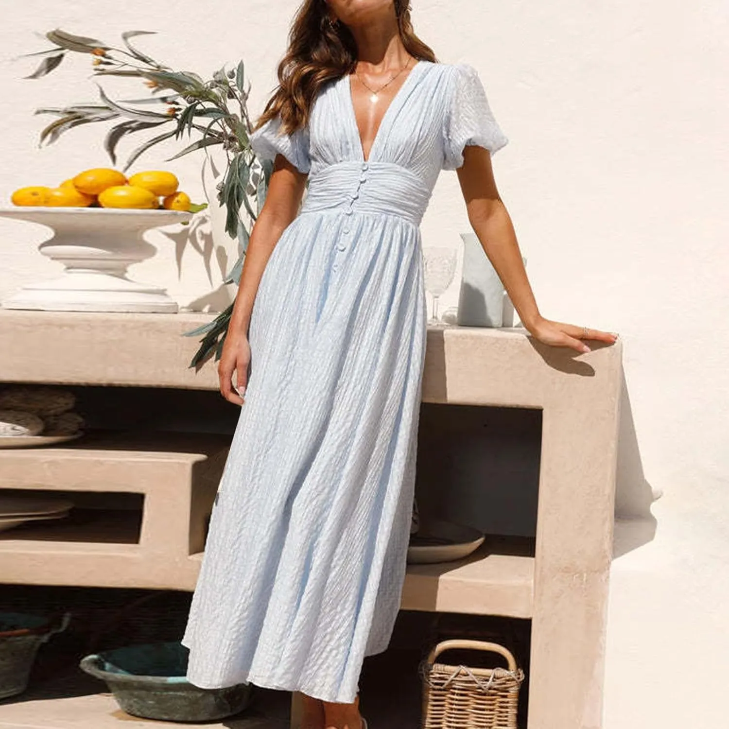 ZDRZK Womens Sundresses Puff Short Sleeve V Neck Empire Waist A-Line Maxi Dresses Decoration Button Casual Summer Dress