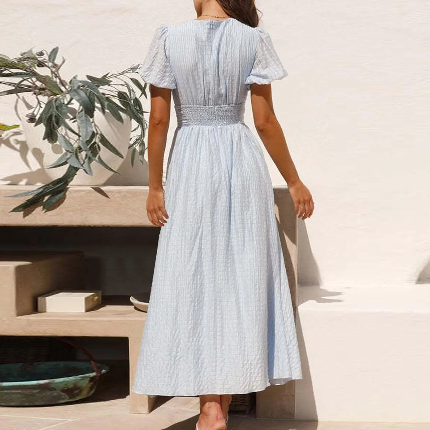 ZDRZK Womens Sundresses Puff Short Sleeve V Neck Empire Waist A-Line Maxi Dresses Decoration Button Casual Summer Dress