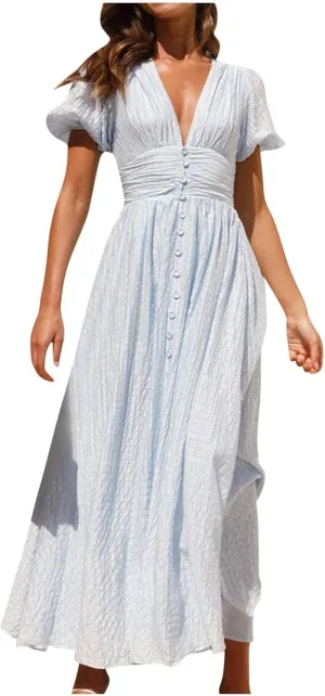 ZDRZK Womens Sundresses Puff Short Sleeve V Neck Empire Waist A-Line Maxi Dresses Decoration Button Casual Summer Dress