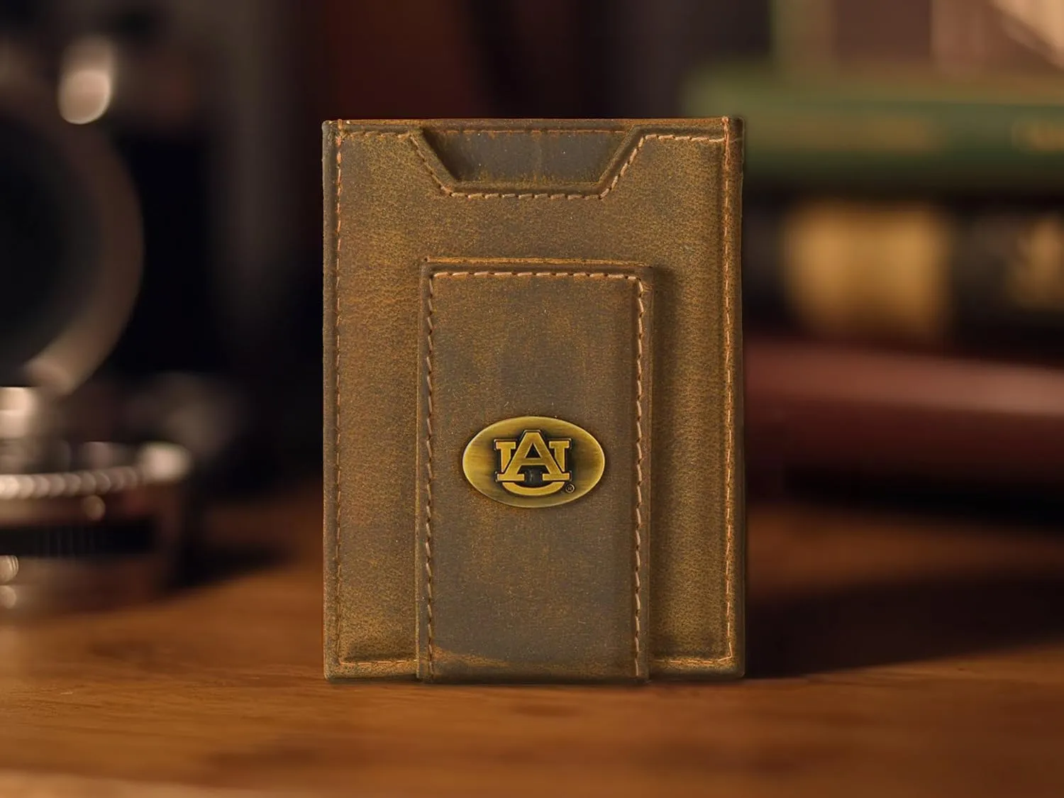 ZEP-PRO NCAA Auburn Tigers Vintage Tan Leather Magnetic Front Pocket Wallet, Slim Stylish for Men