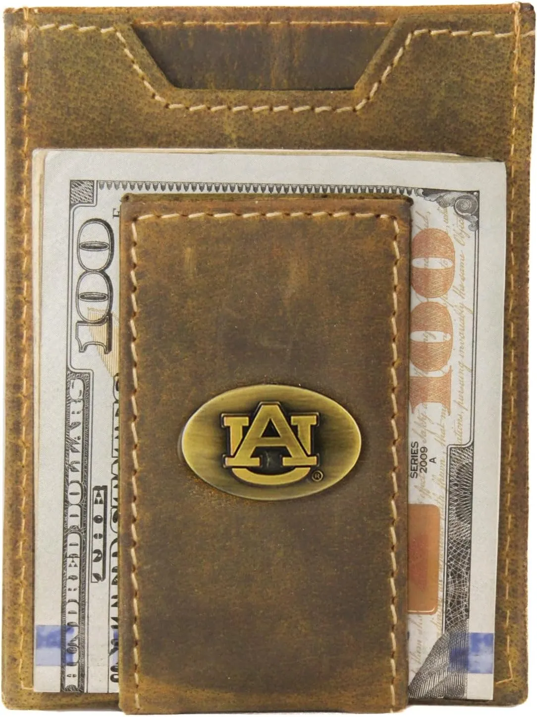 ZEP-PRO NCAA Auburn Tigers Vintage Tan Leather Magnetic Front Pocket Wallet, Slim Stylish for Men