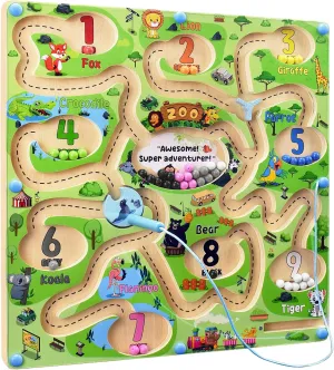 Zoo Adventure Magnetic Color and Number Maze Board Montessori Magnetic Maze for Kids Ages 3-5, Magnetic Color and Counting Maze Toy, Wooden Puzzle Activity Board